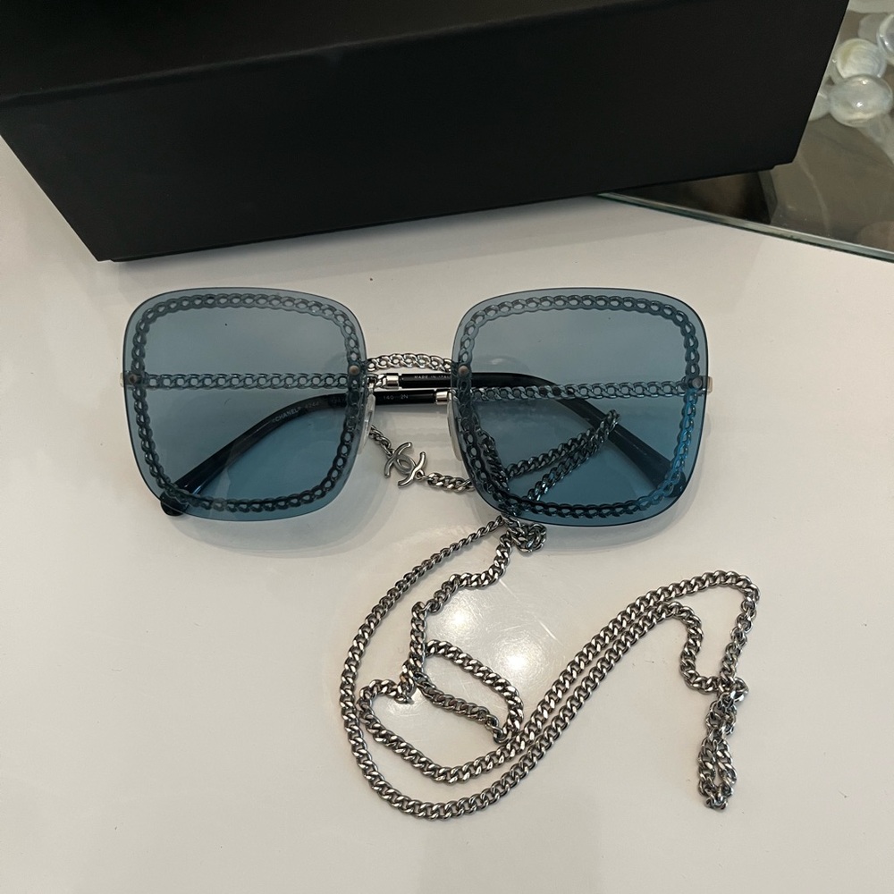 CHANEL Blue Square Glasses with Silver Chain